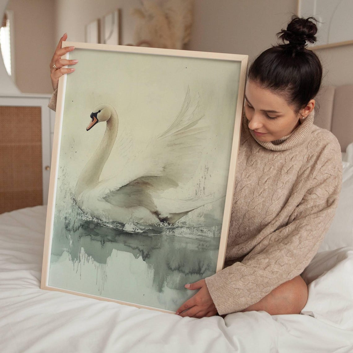 White Swan Preening Feathers Soft Watercolor Bird Art Poster - Image 4