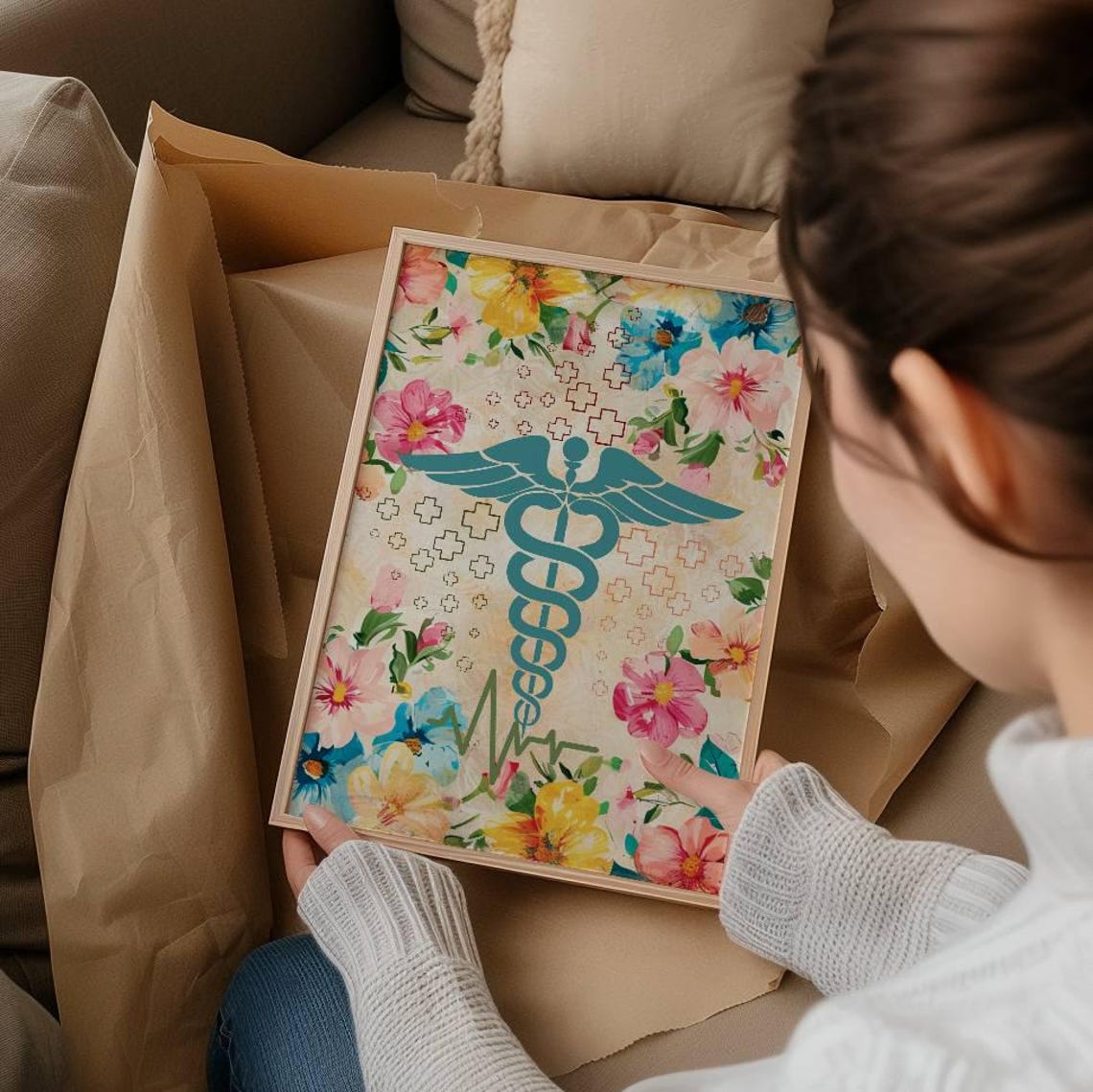 Teal Caduceus Floral Watercolor Medical Student Gift Art Poster - Image 3