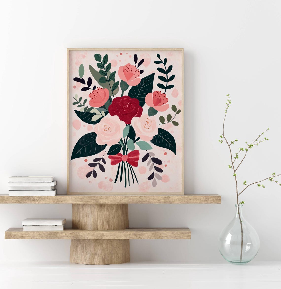 Rose Bouquet with Red Bow Girly Nursery Floral Decoration Art Poster - Image 2
