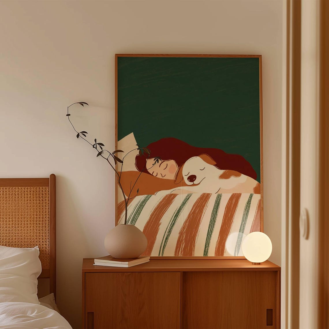 Dog Lover Gift Girl And Dog Art Print Bedroom Decor Kids Room Wall Decor Girl Children Room Art Woman With Dog Art Print Green And Brown - Image 3