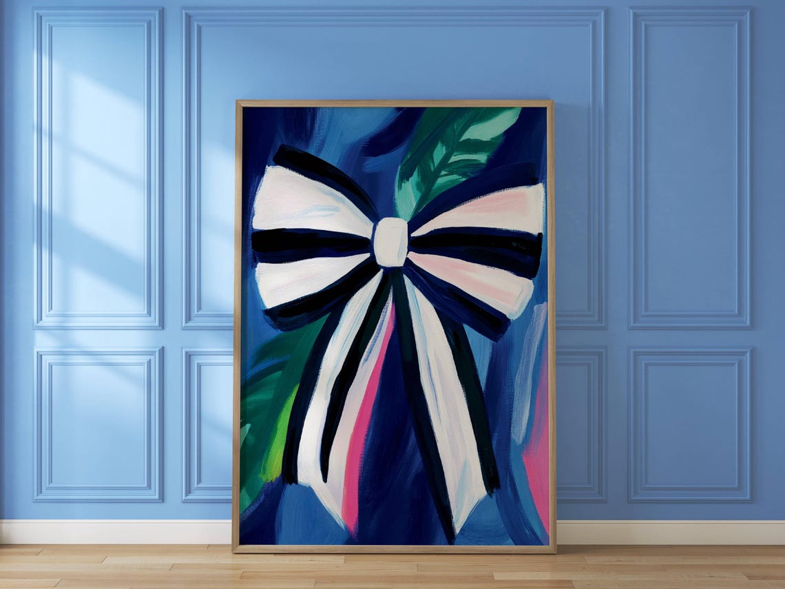 Striped Ribbon Bow on Blue Background Preppy Coquette Room Art Poster - Image 4