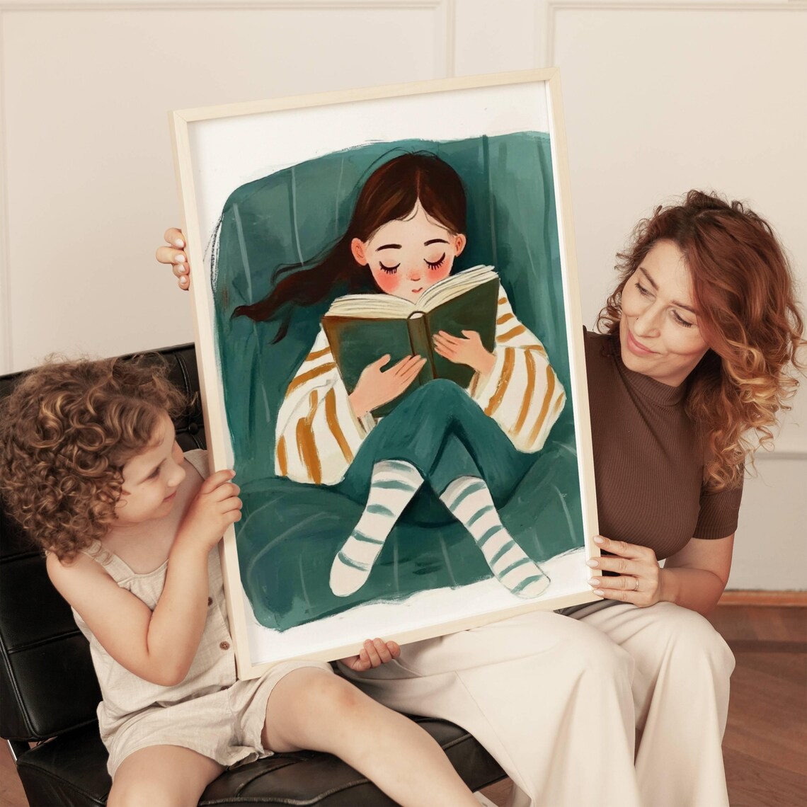 Girl Reading In Teal Armchair Cozy Striped Socks Bookish Art Poster - Image 3