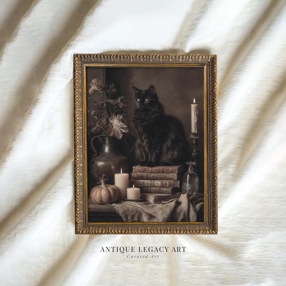 Black Cat Vintage Halloween Still Life Dark Academia Goth Poster