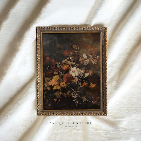 Vintage Fall Floral Print Dark Autumn Flower Painting Wall Art Moody Botanical Thanksgiving Decor