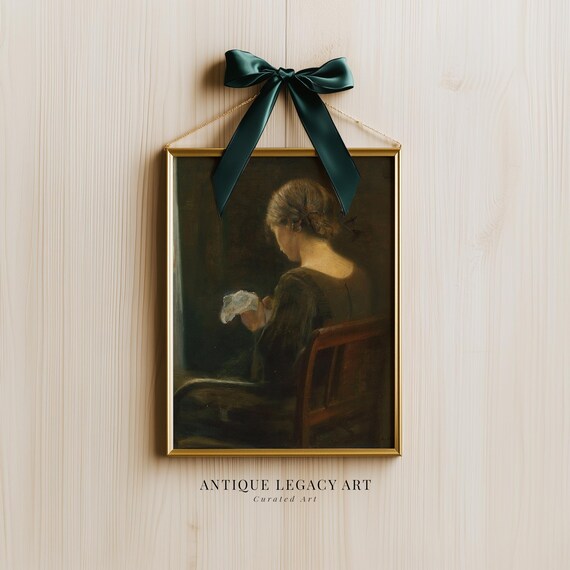 Vintage Woman Sewing By Window Art Print