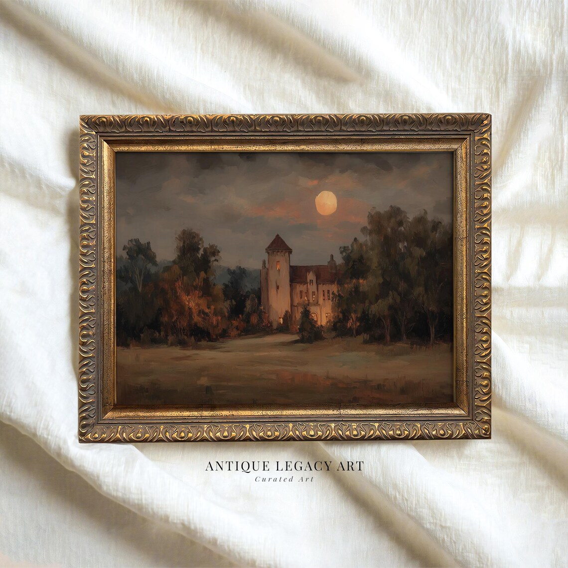 Vintage Haunted Castle Painting Print Gothic Halloween Mansion