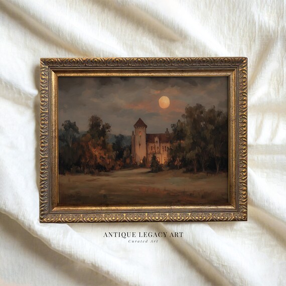 Vintage Haunted Castle Painting Print Gothic Halloween Mansion