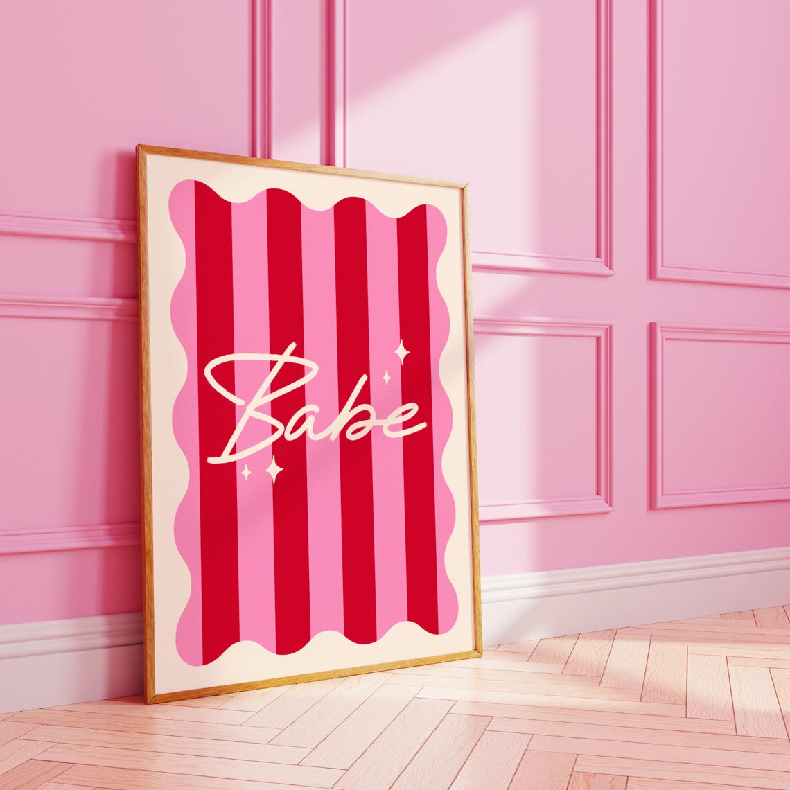 Babe Pink Red Striped Retro Wavy Script Typography Wall Poster