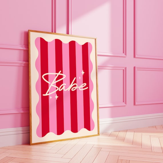 Babe Pink Red Striped Retro Wavy Script Typography Wall Poster