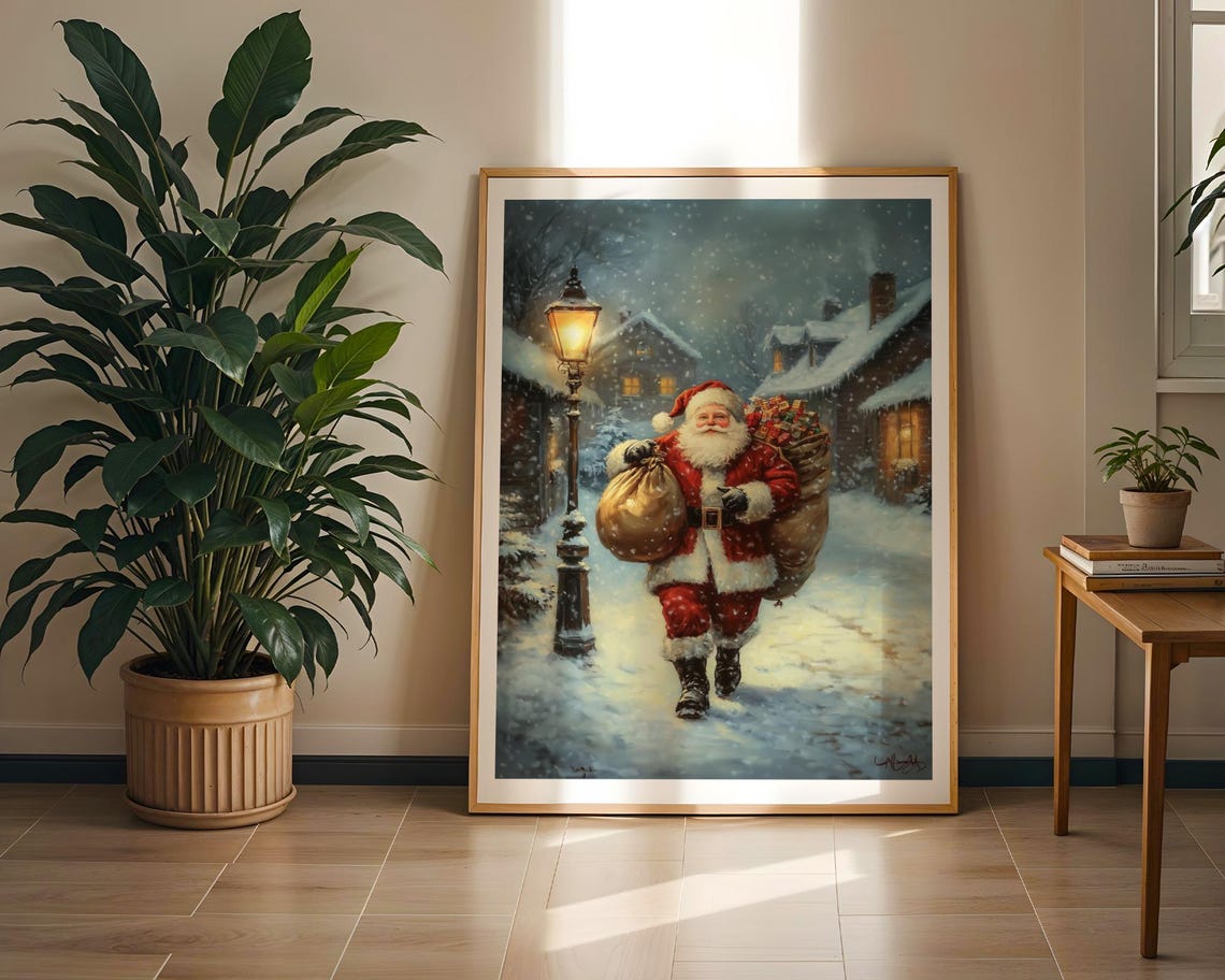 Santa Claus Carrying A Toy Sack Down A Snowy Village Lane Poster - Image 2