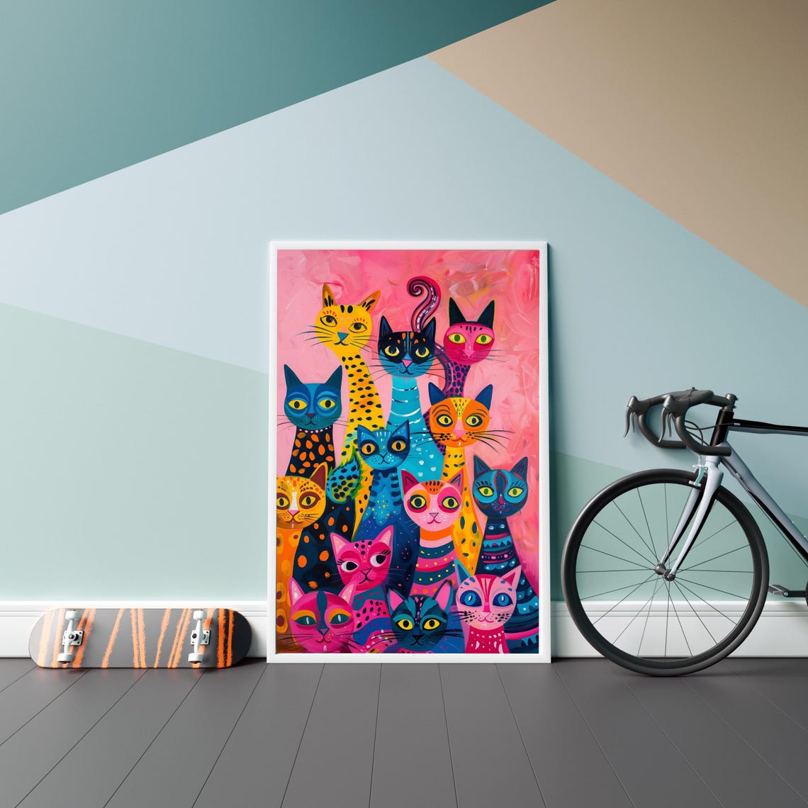 Colorful Whimsical Cat Family Group Folk Art Bright Pink Poster - Image 2