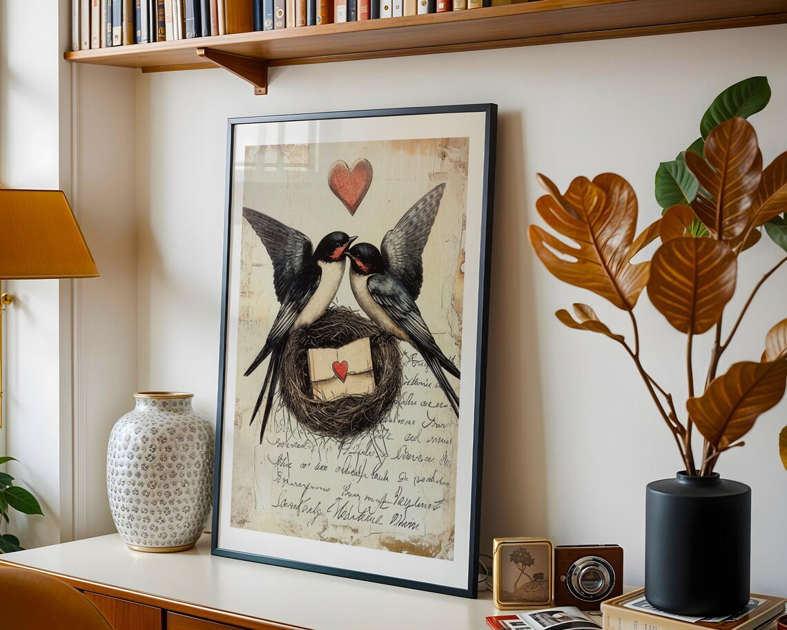 Vintage Swallow Couple Nest Love Letter Antique Bird Art Poster - Image 2