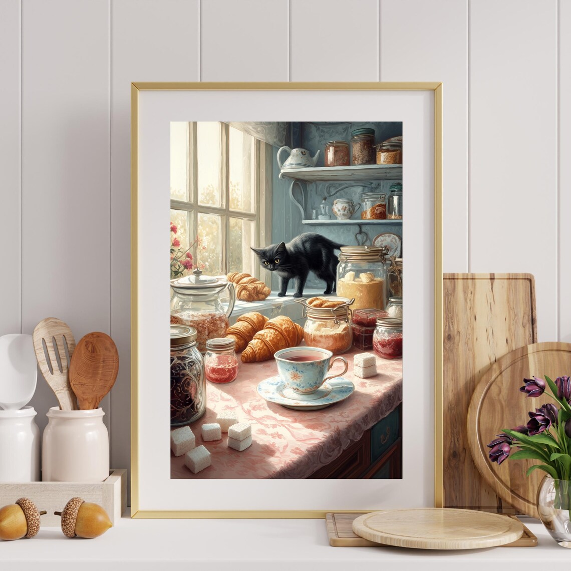 Black Cat Croissant Kitchen Poster Farmhouse Breakfast Still Life Art - Image 2