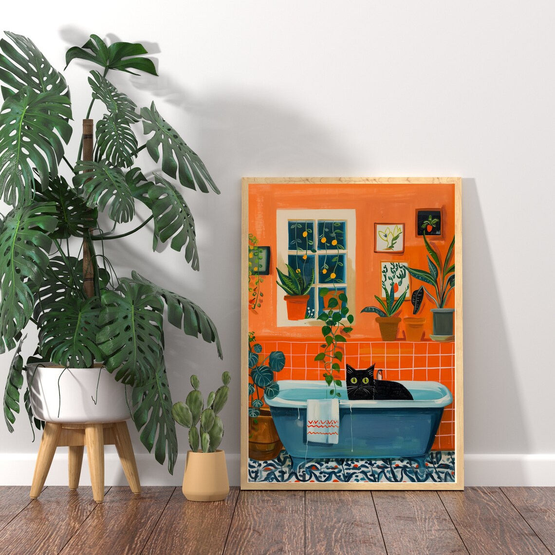 Black Cat in a Blue Bathtub Surrounded by Plants and Orange Tile Poster - Image 2