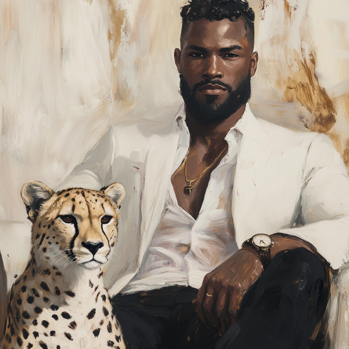 Regal Man In White Suit Posing With Cheetah Statement Poster - Image 3