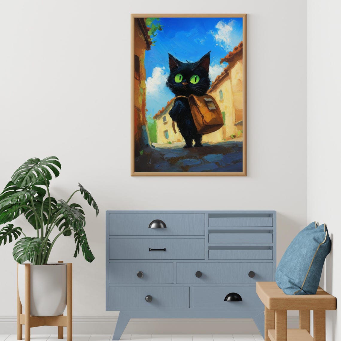 Black Cat With A School Backpack Walking Down A Sunny Street Poster - Image 2