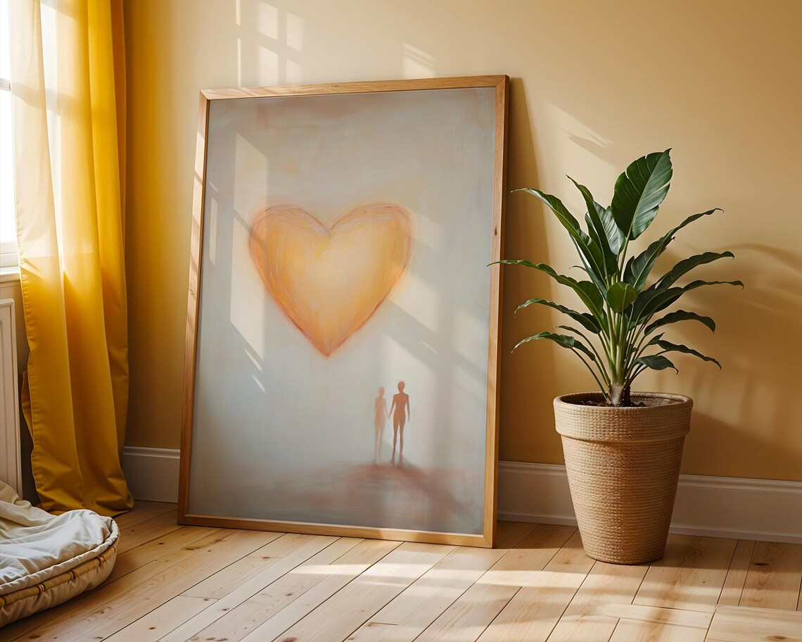 Glowing Orange Heart Above Two Figures Minimal Watercolor Love Poster - Image 2