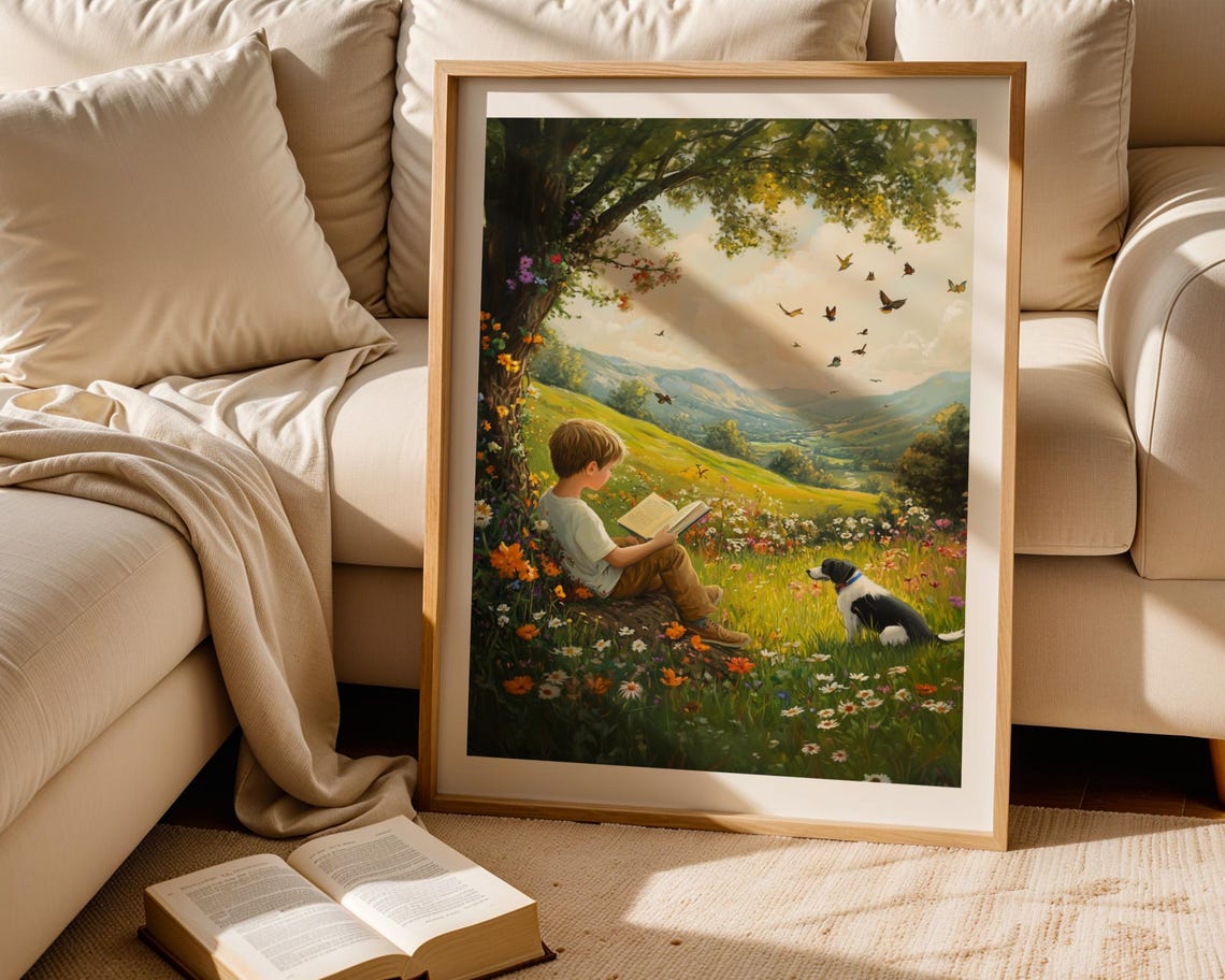 Boy Reading Under Tree Poster Meadow Dog Butterflies Mountain Scene - Image 2