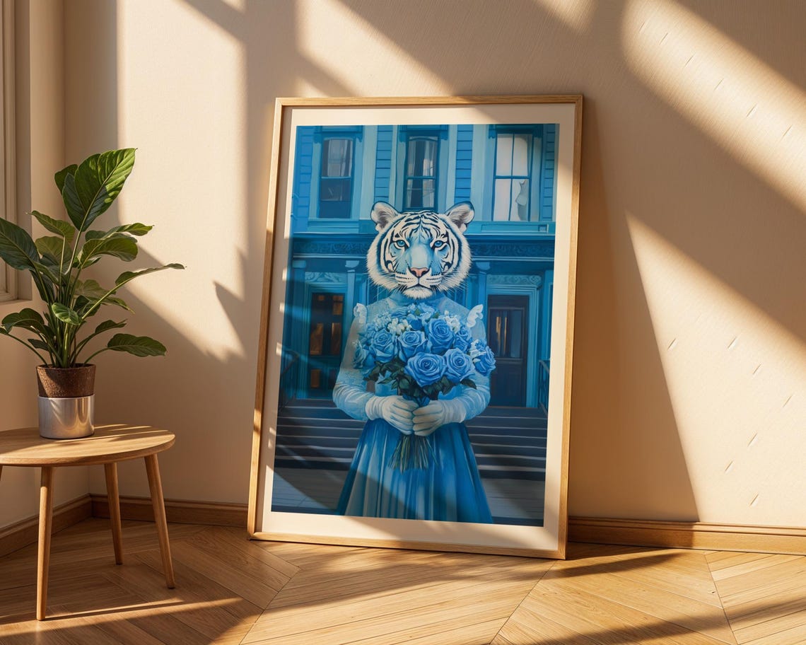 Surreal Blue Tiger Woman Poster White Tiger Holding Blue Roses Art - Image 2
