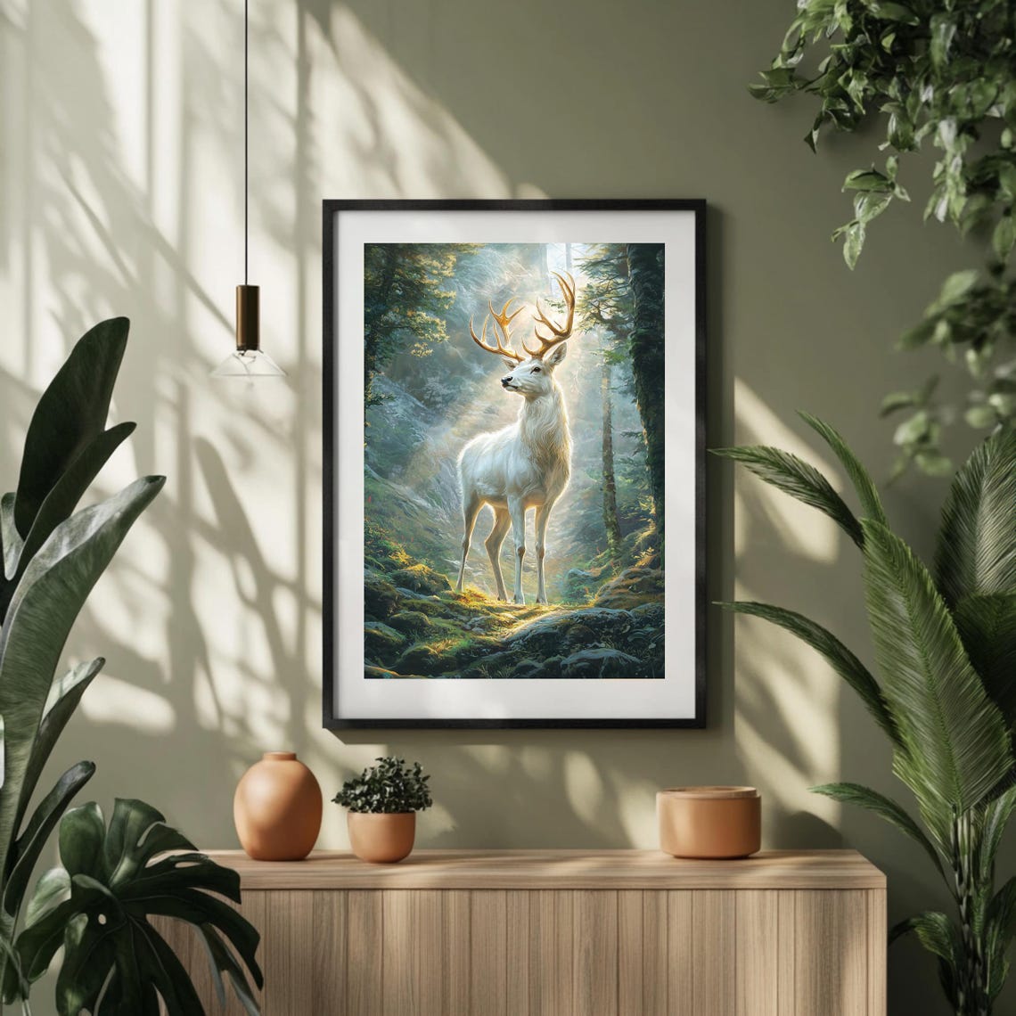 Majestic White Stag with Golden Antlers in a Sunlit Forest Poster - Image 2