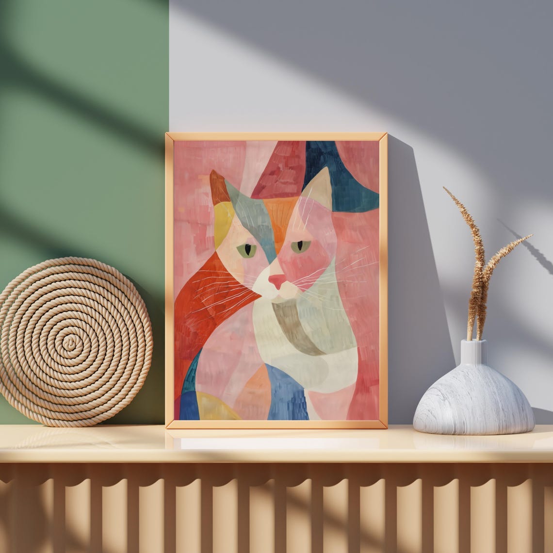 Colorful Abstract Cat Portrait Cubist Pink Blue Modern Art Poster - Image 3