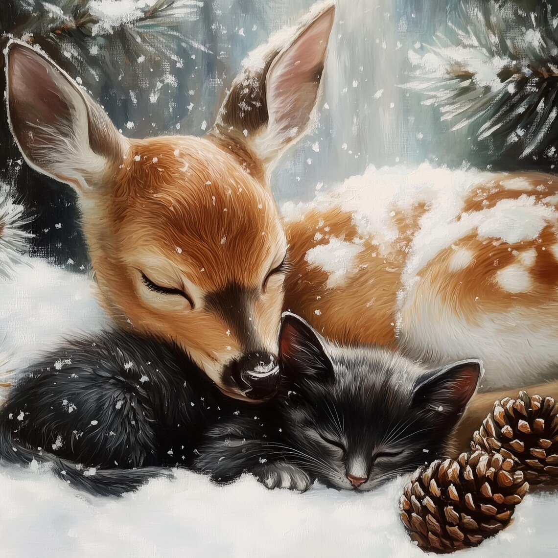 Fawn And Black Cat Christmas Poster, Winter Animal Art - Image 3