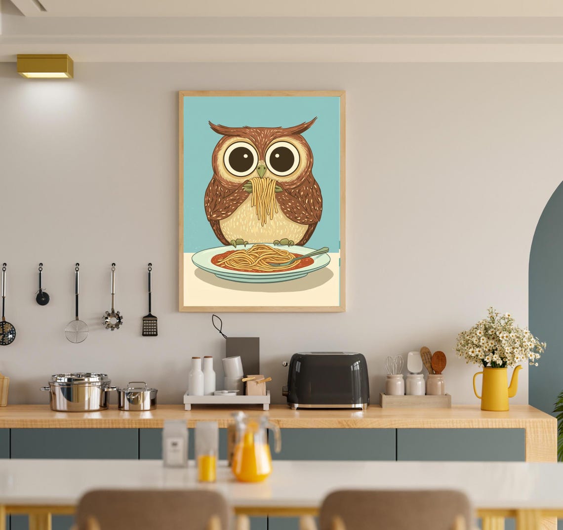 Adorable Wide Eyed Owl Slurping Spaghetti Retro Kitchen Poster - Image 3