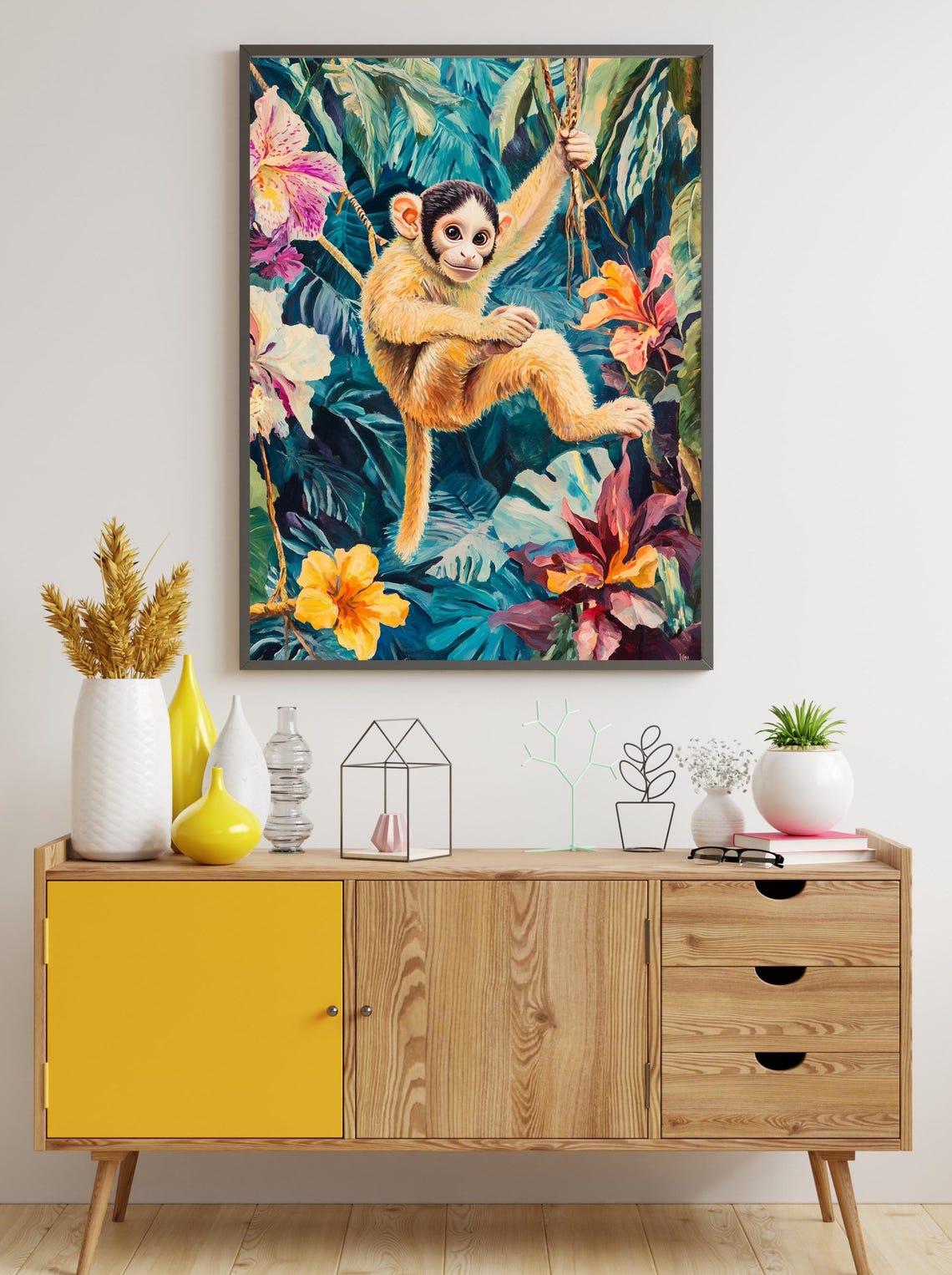 Cute Baby Monkey Swinging On A Vine In Tropical Jungle Poster - Image 2