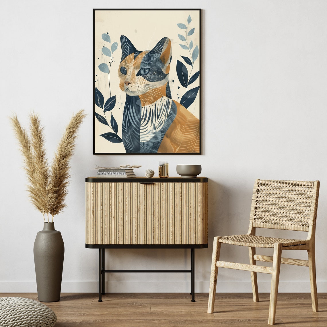 Modern Boho Calico Cat Portrait Among Botanical Leaves Poster - Image 3