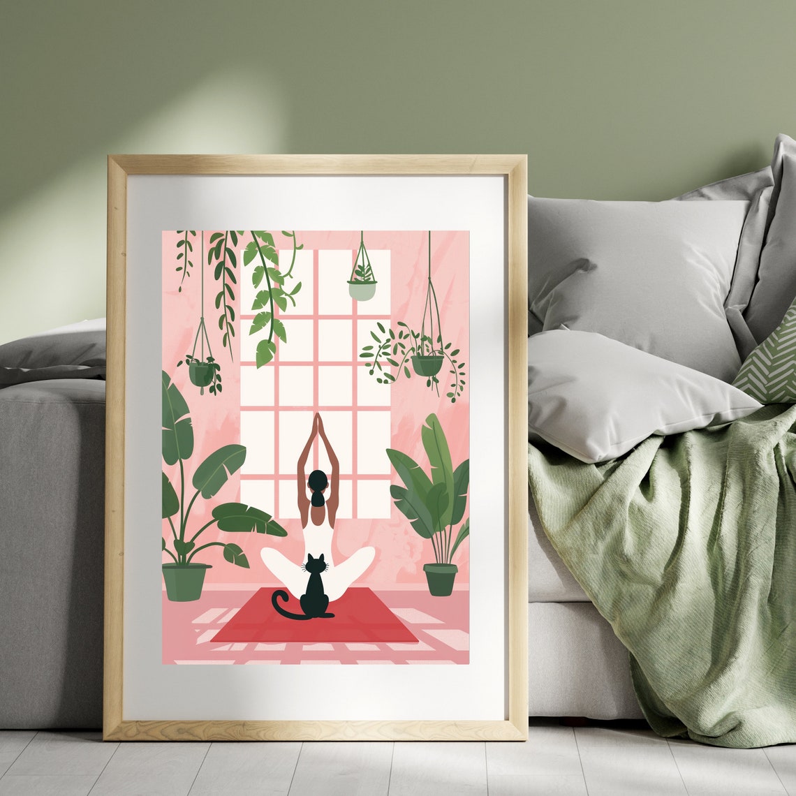 Woman Doing Yoga with Black Cat Among Plants Pink Botanical Poster - Image 2