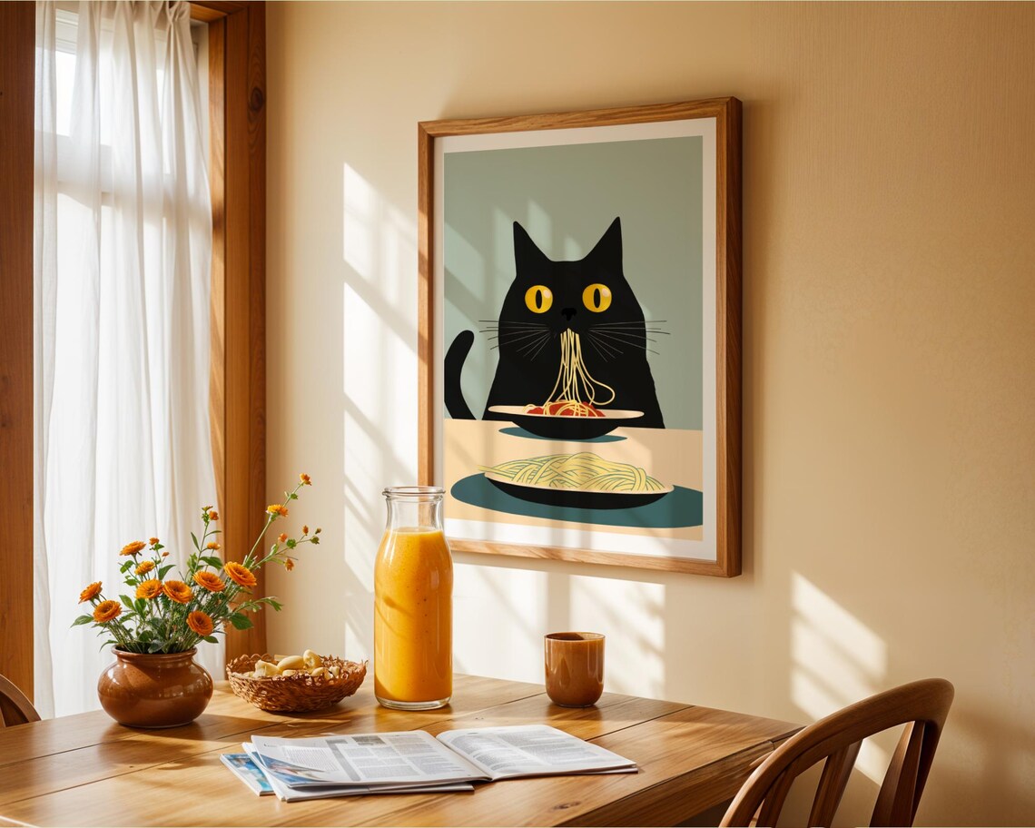 Black Cat Spaghetti Art Print, Whimsical Kitchen Decor - Image 3