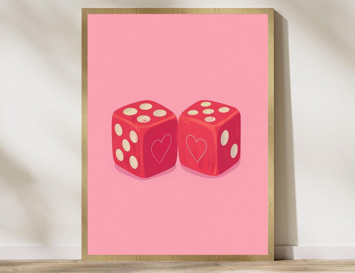 Pair of Red Dice with Hearts on Pink Minimal Love Luck Art Poster
