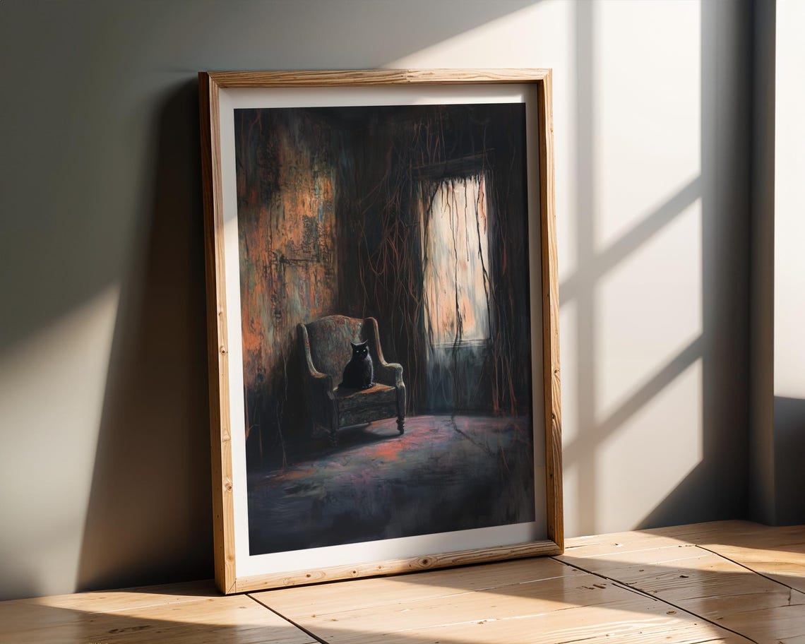 Gothic Black Cat Moody Poster Dark Vine Room Armchair Mystery Art - Image 2