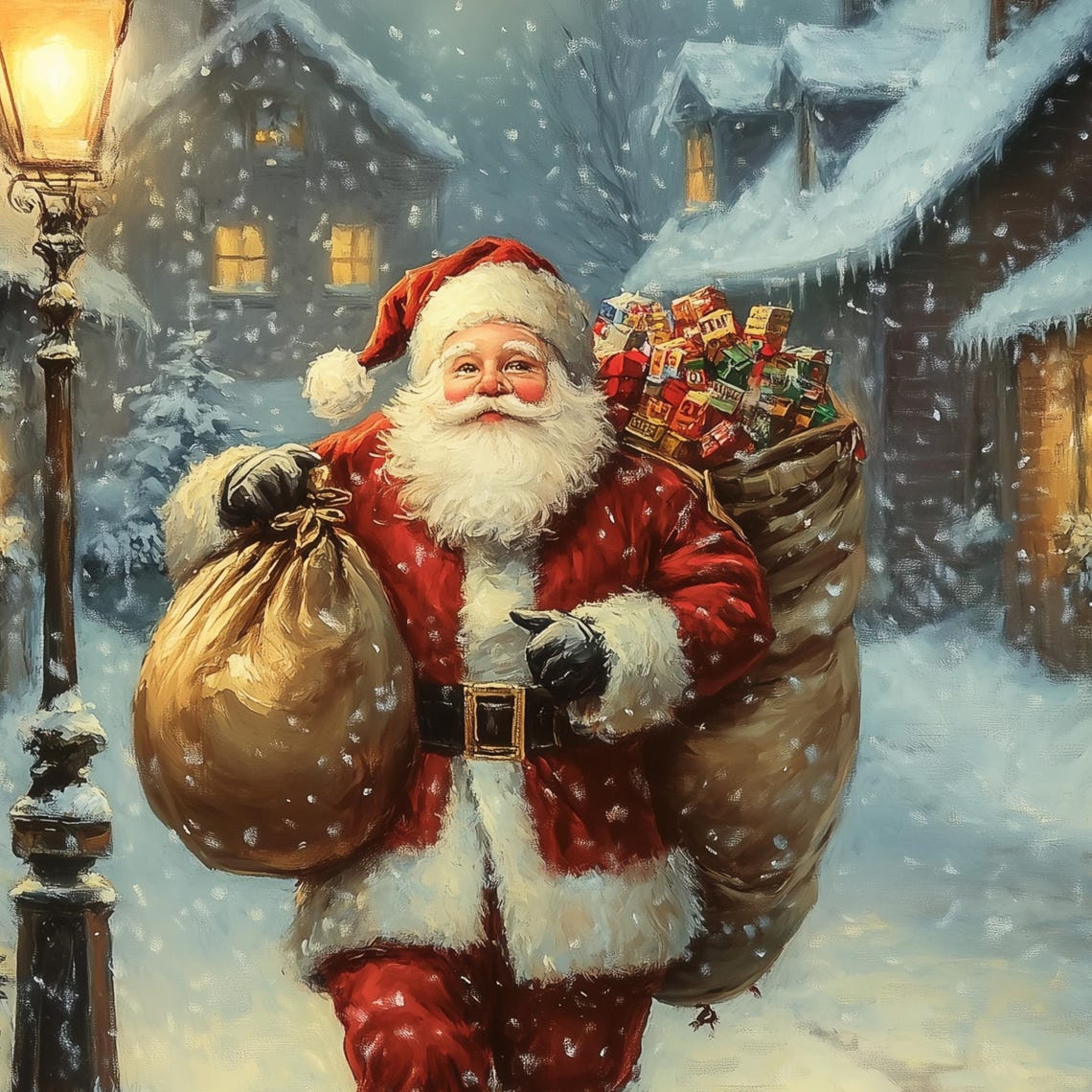 Santa Claus Carrying A Toy Sack Down A Snowy Village Lane Poster - Image 3