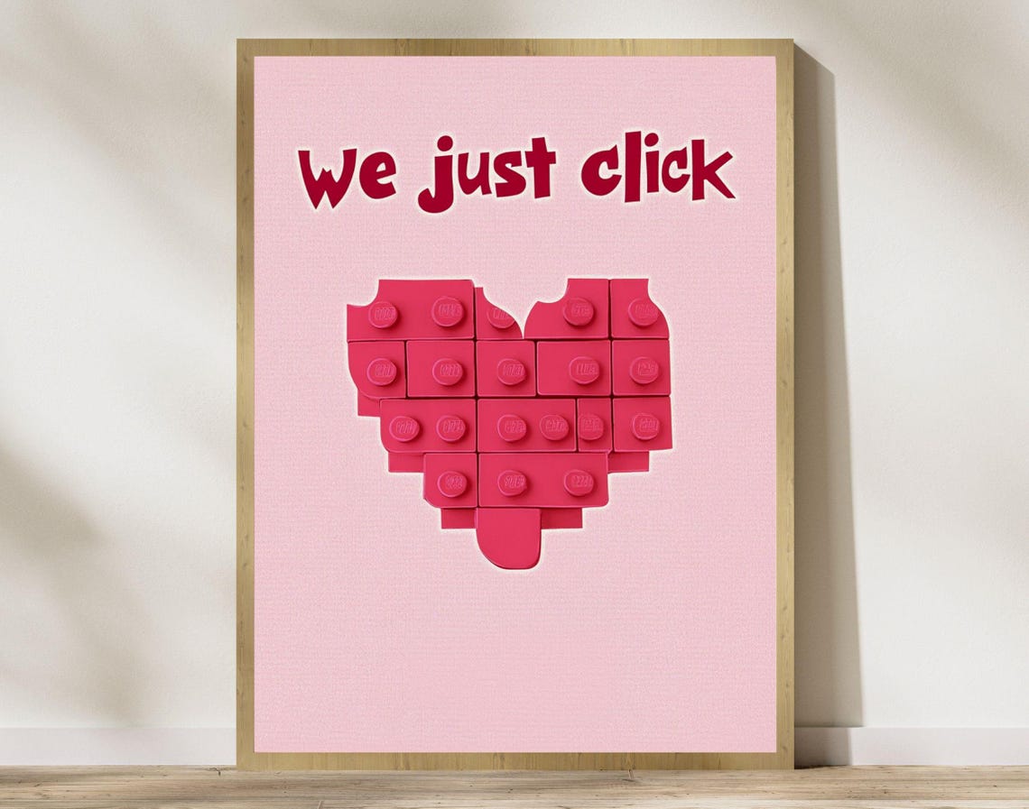 Romantic Legoinspired Valentine Wall Art Valentines Day Decor Gift Print Pink