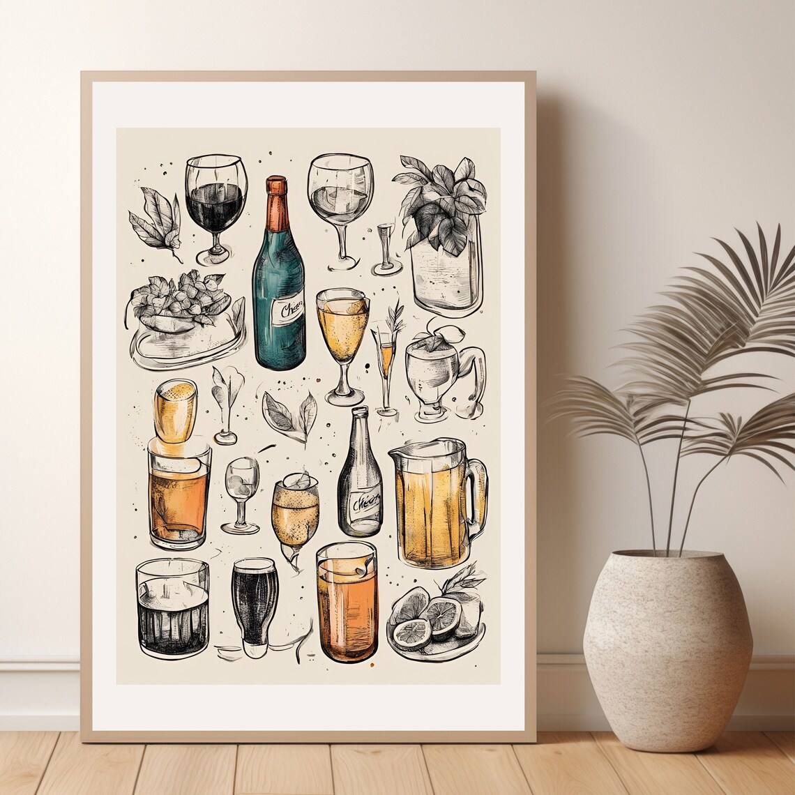 Retro Vintage Cocktail Glasses Sketch Collection Bar Wall Print