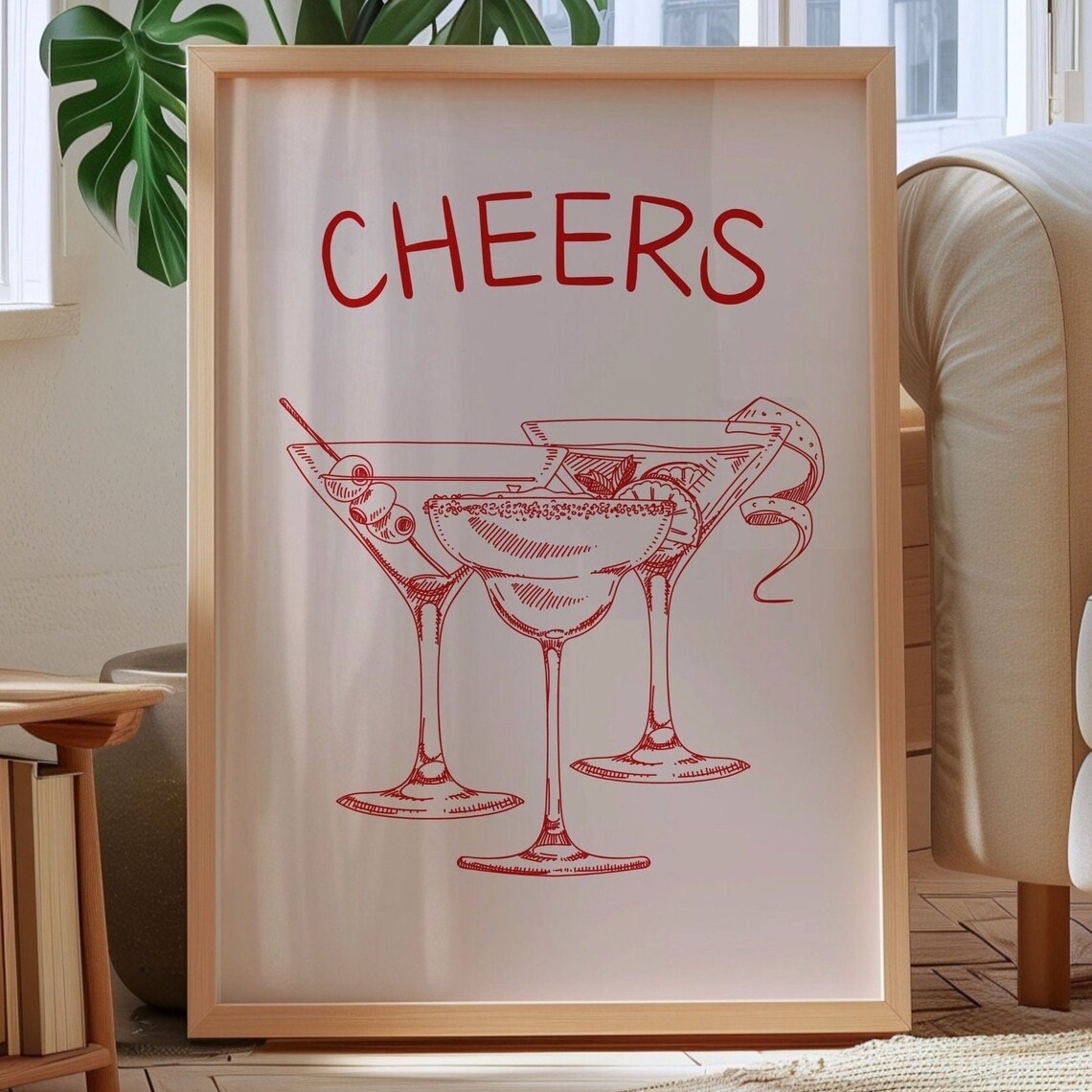 Red Bar Cart Cheers Cocktail Bar Prints Poster - Image 2