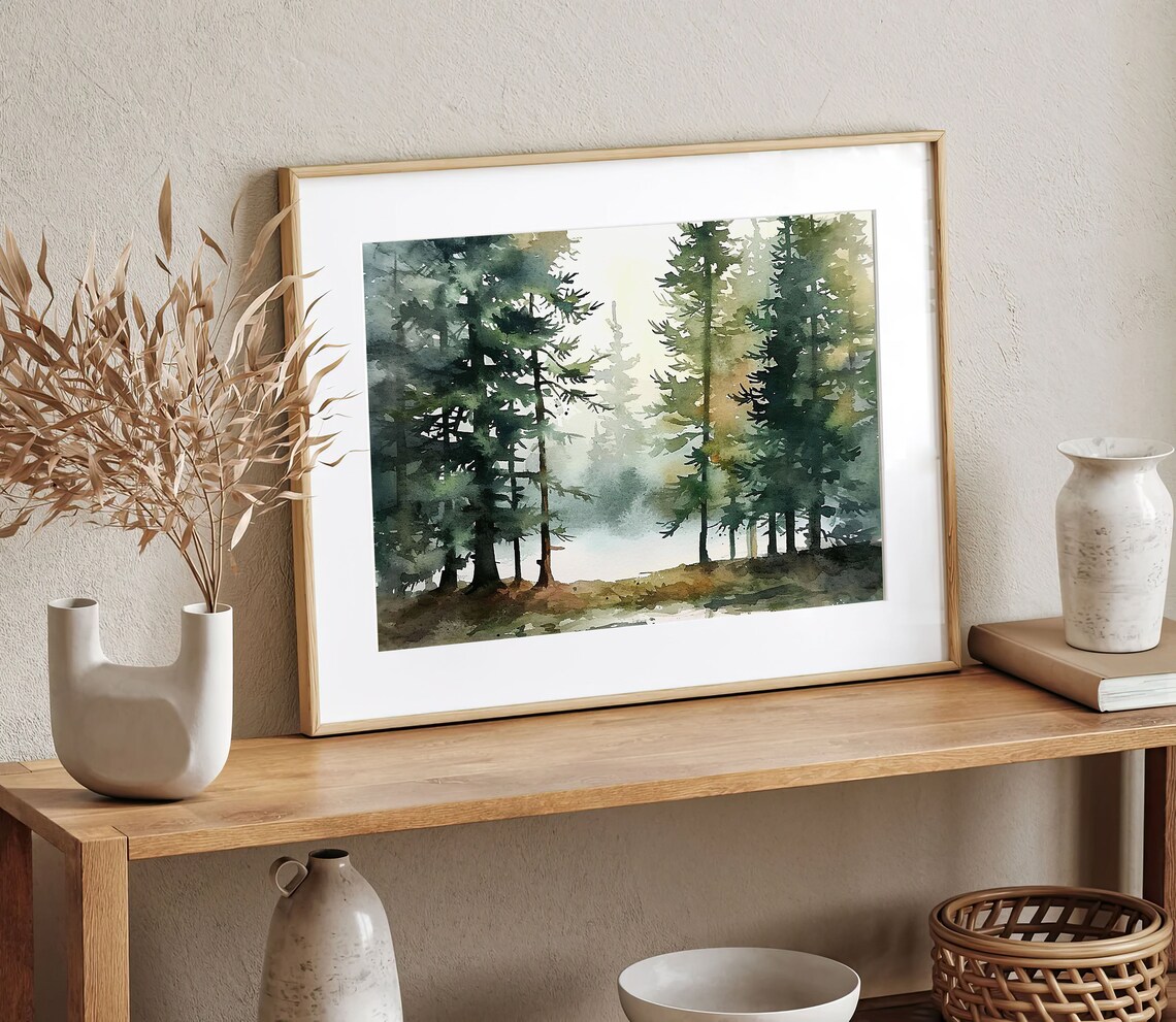 Oregon Forest Watercolor Art Print, Misty Pine Landscape - Image 3