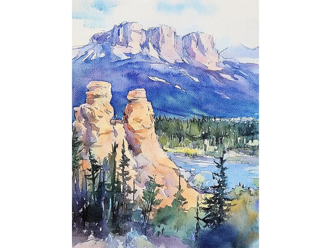 Red Rock Hoodoos Desert Canyon Pillars Mountain Watercolor Poster