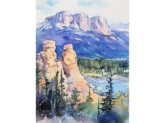 Hoodoos Trail Painting Banff National Park Print Canada Watercolor Art Landscape Wall Art Print Pines Artwork Mountains Art Hiking Poster