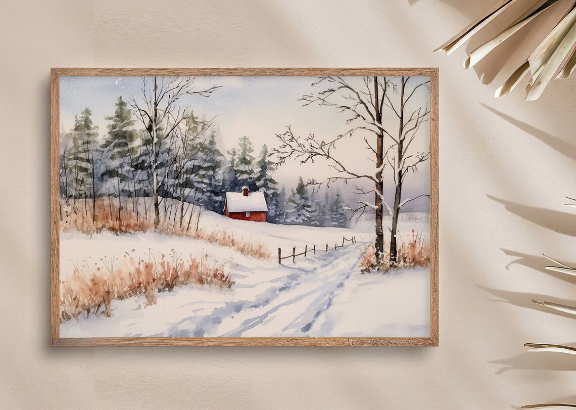 Christmas Snowy Farmhouse Watercolor Painting, Idaho - Image 2