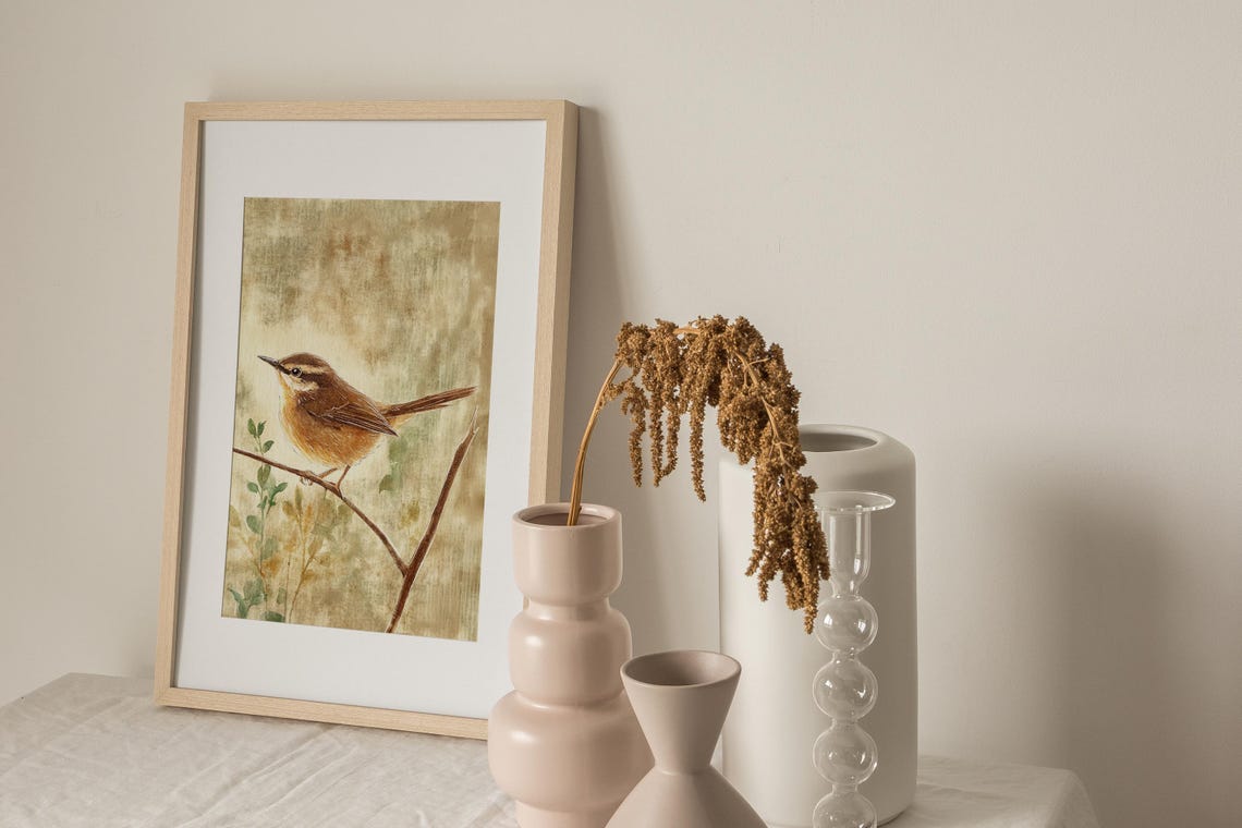 Tiny Brown Wren Perched on a Bare Branch Watercolor Bird Poster - Image 3