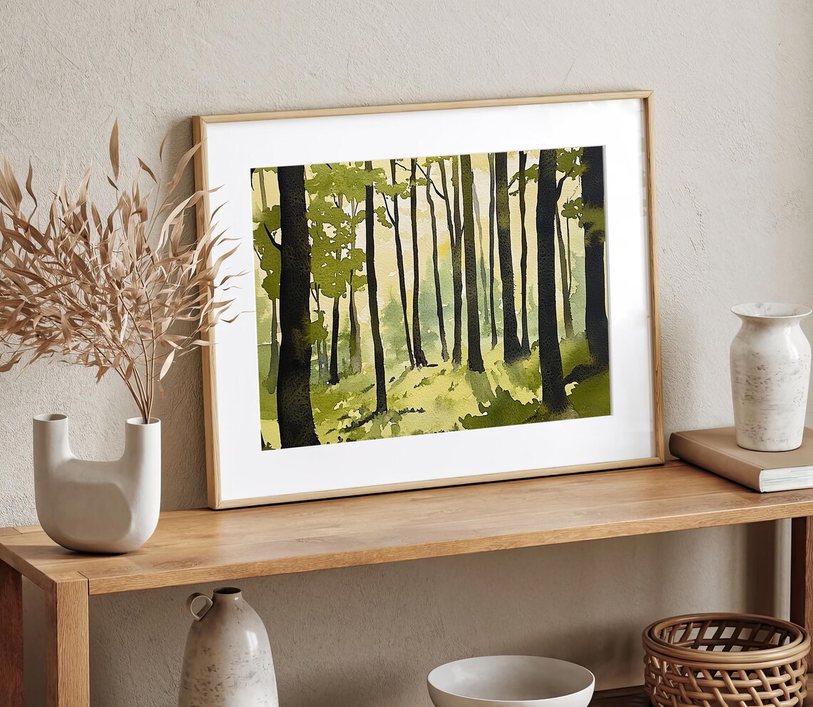 Sunlit Old Growth Forest Tall Green Trees Watercolor Woodland Poster - Image 2