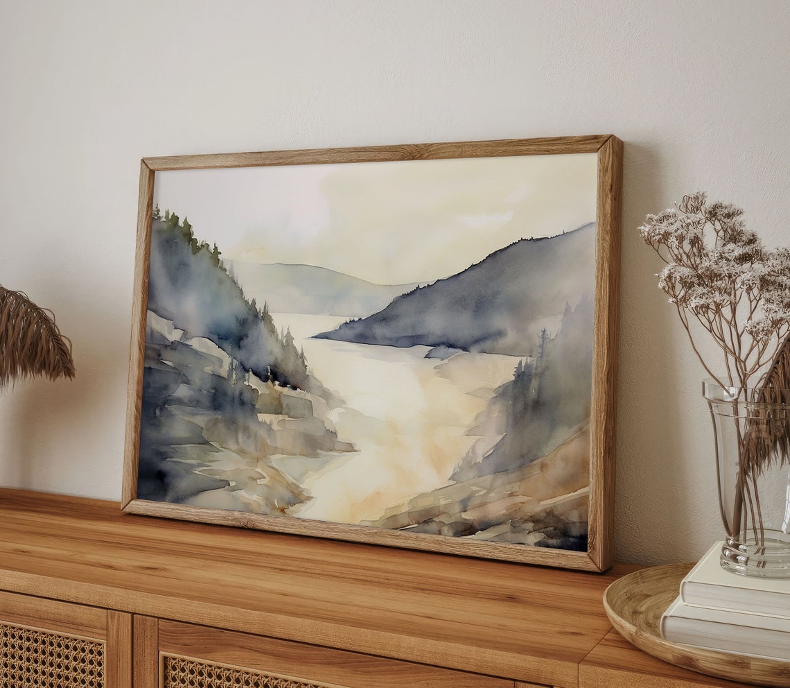 Golden River Valley Flowing Between Soft Misty Hills Watercolor Poster - Image 3