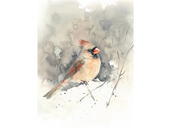 Female Cardinal Painting Watercolor Bird Art Print