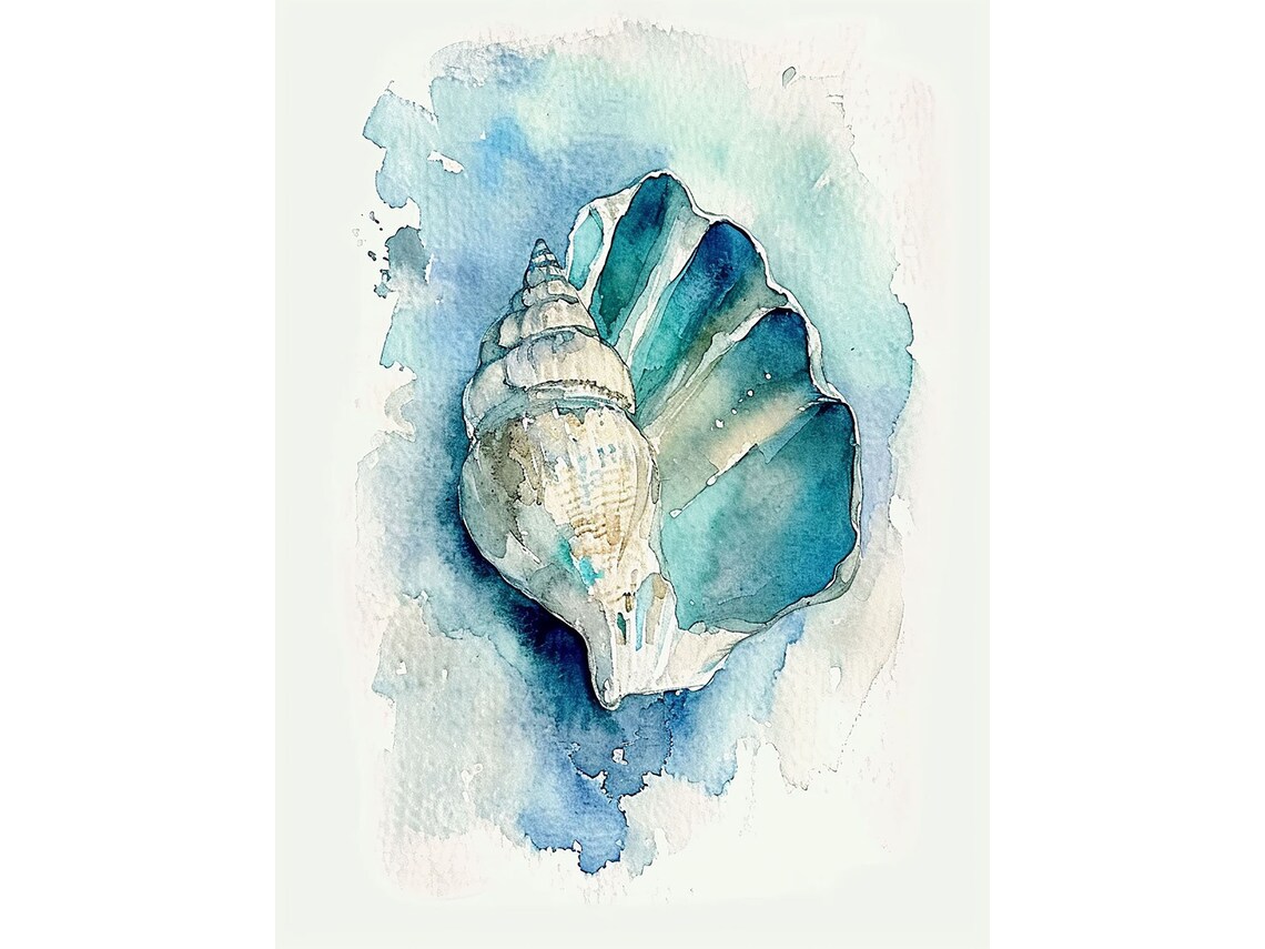 Turquoise Seashell Watercolor Art Print, Coastal Decor