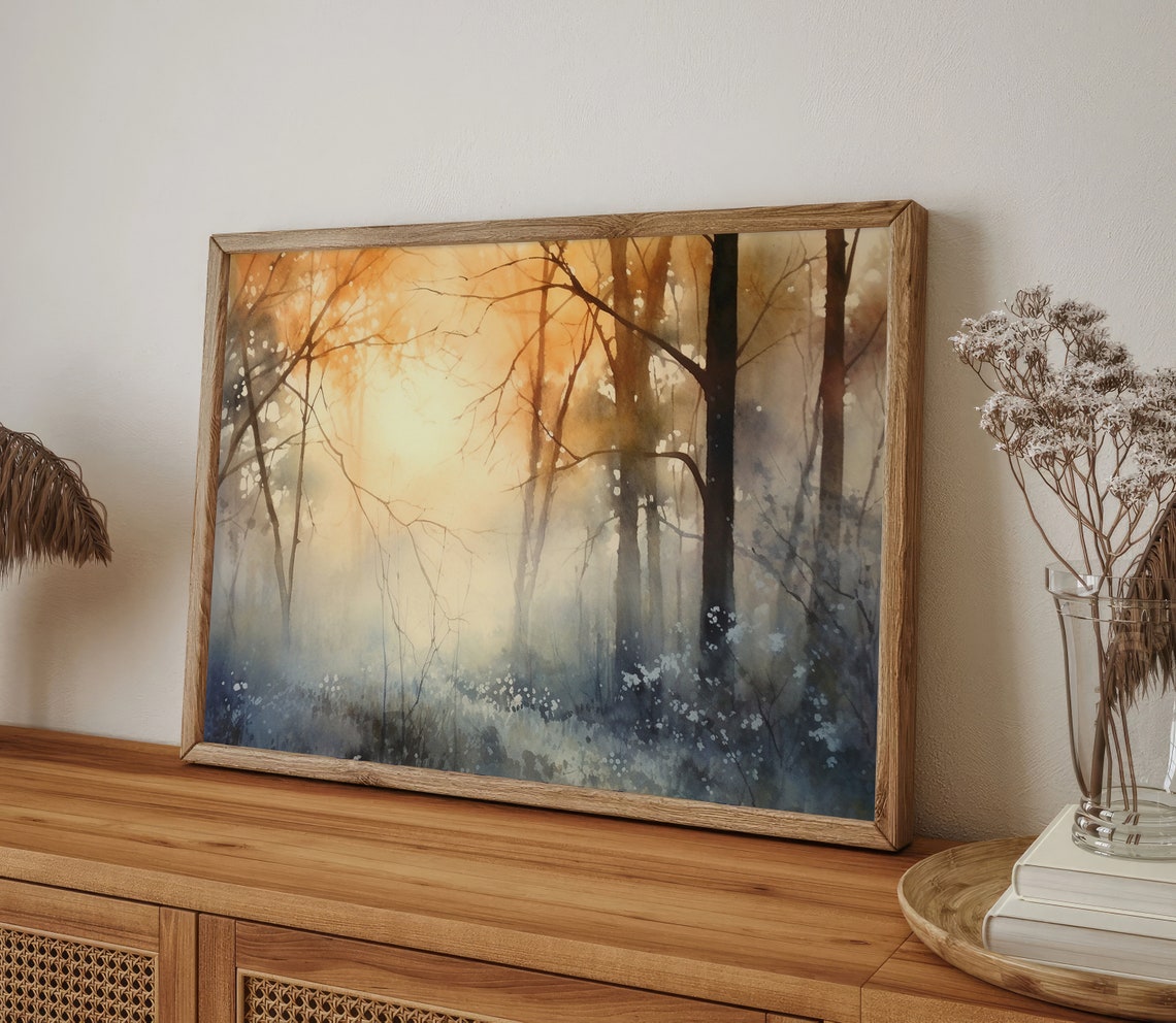 Misty Sunrise Forest Watercolor Woodland Golden Light Poster - Image 5