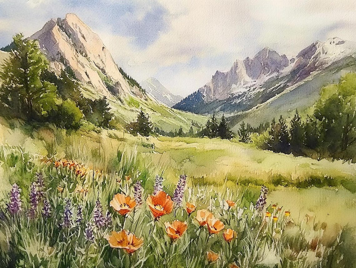 Shenandoah National Park Painting Virginia Watercolor Art Print Blue Ridge Mountains Wall Art Wildflowers Print Orange Poppy Painting