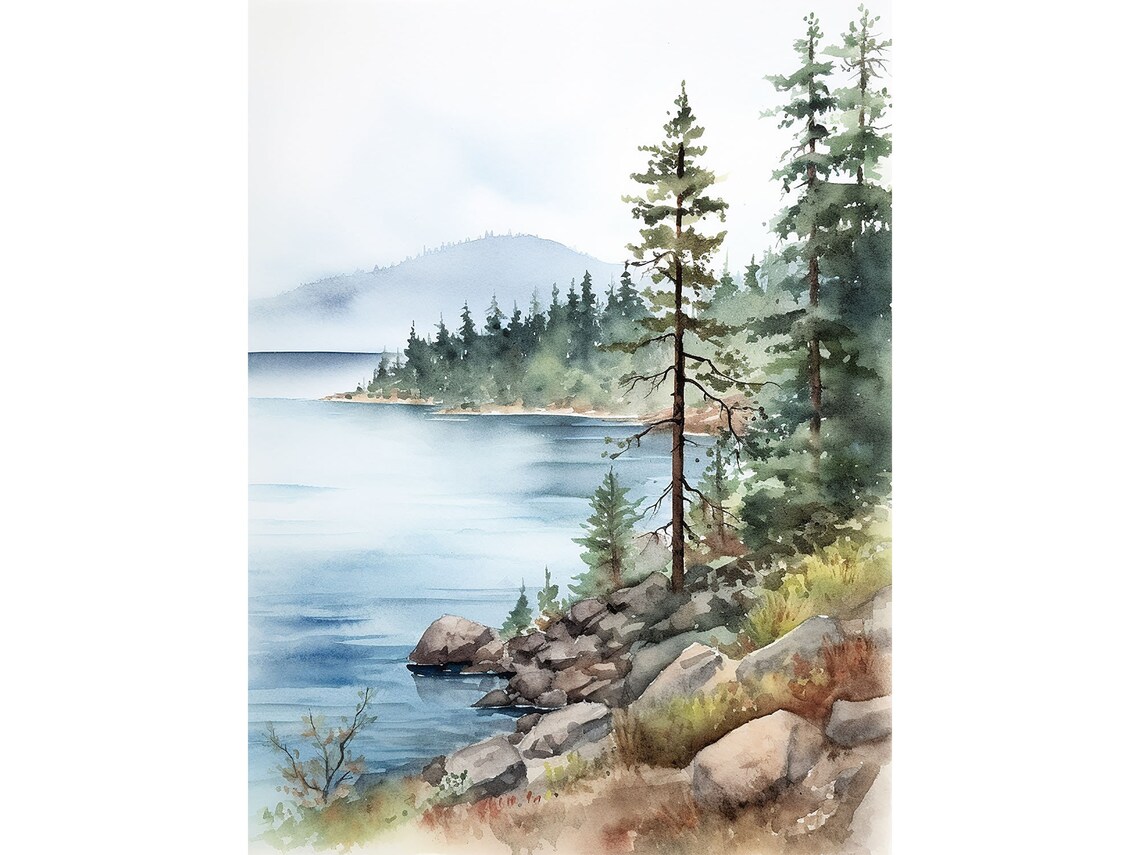 Tahoe Art Print, California Watercolor Lake Landscape