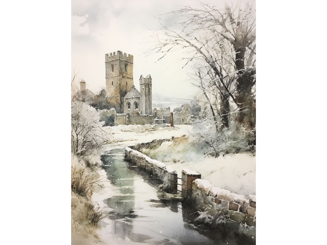 Scottish Castle In Winter Watercolor Art Print